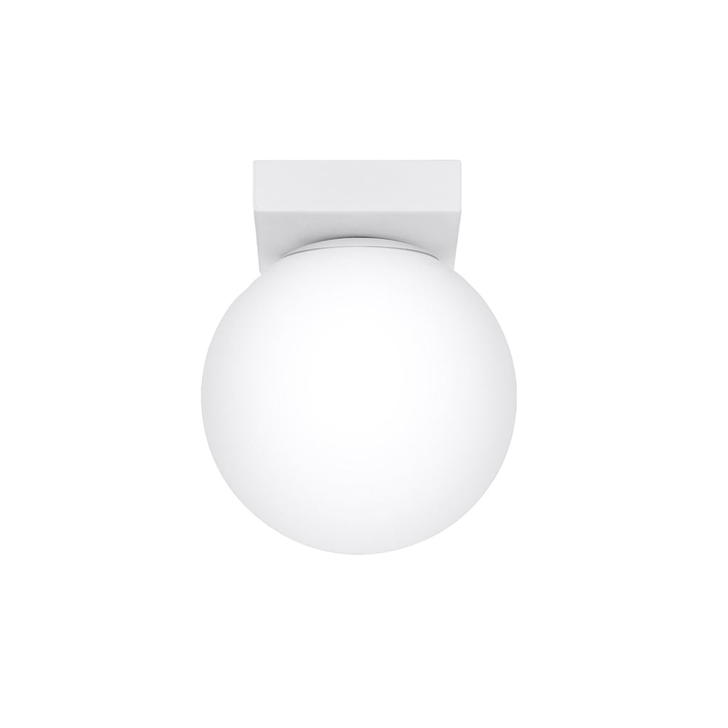 Plafonnier Yoli 1 boule opale acier blanc G9, une boule de verre opale blanc sous une platine d'acier blanc