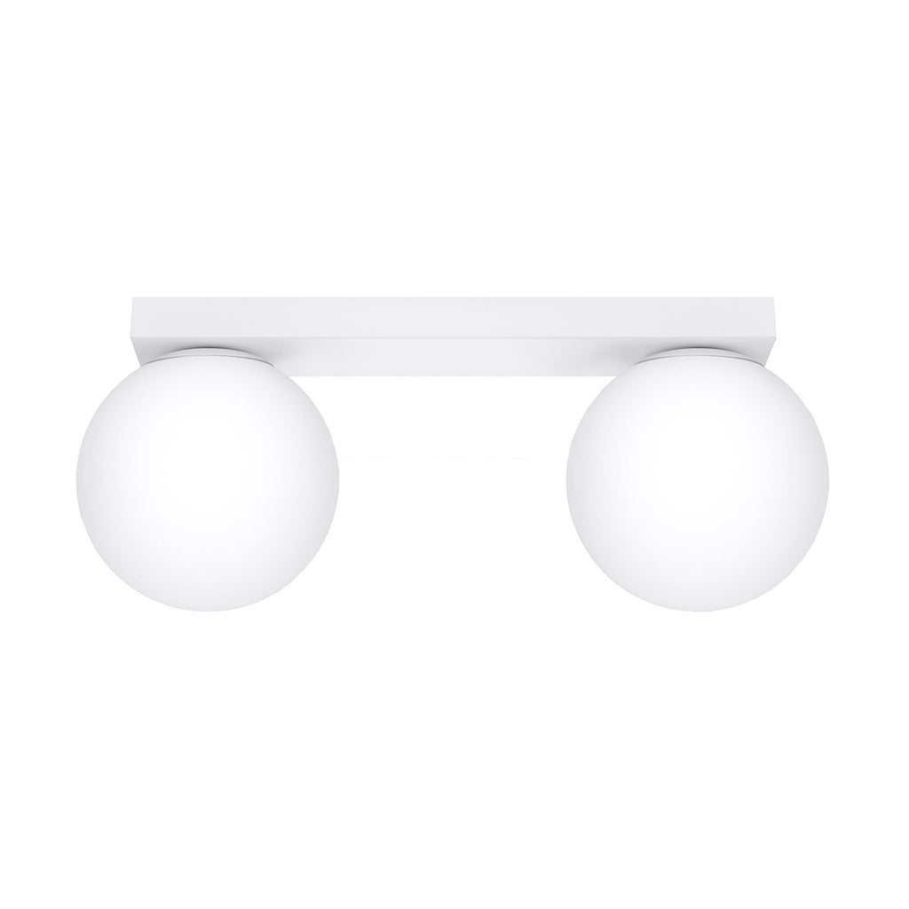 Plafonnier Yoli 2 boules opale acier blanc G9, 2 boules de verre opale blanc sous une barre d'acier blanc