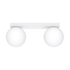 Plafonnier Yoli 2 boules opale acier blanc G9, 2 boules de verre opale blanc sous une barre d'acier blanc