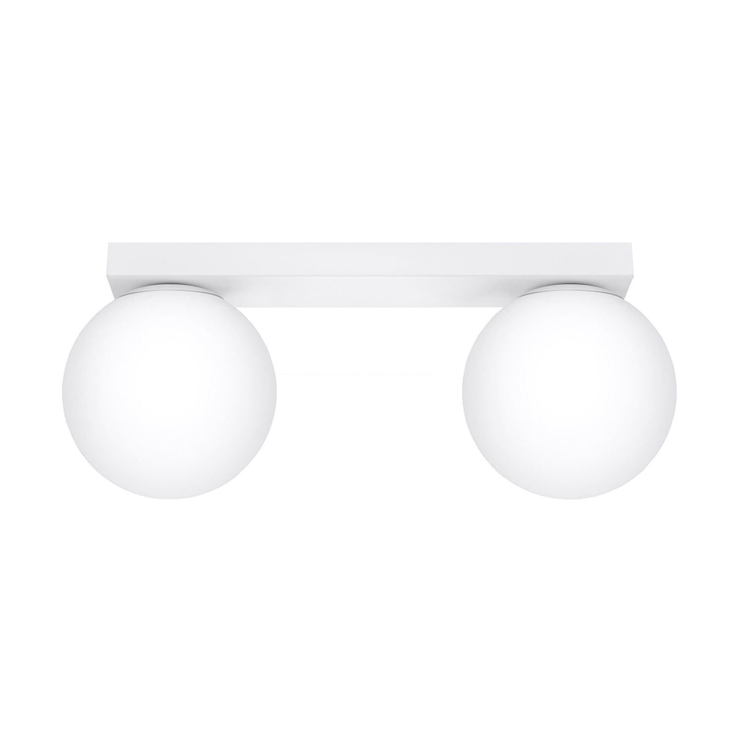 Plafonnier Yoli 2 boules opale acier blanc G9, 2 boules de verre opale blanc sous une barre d'acier blanc