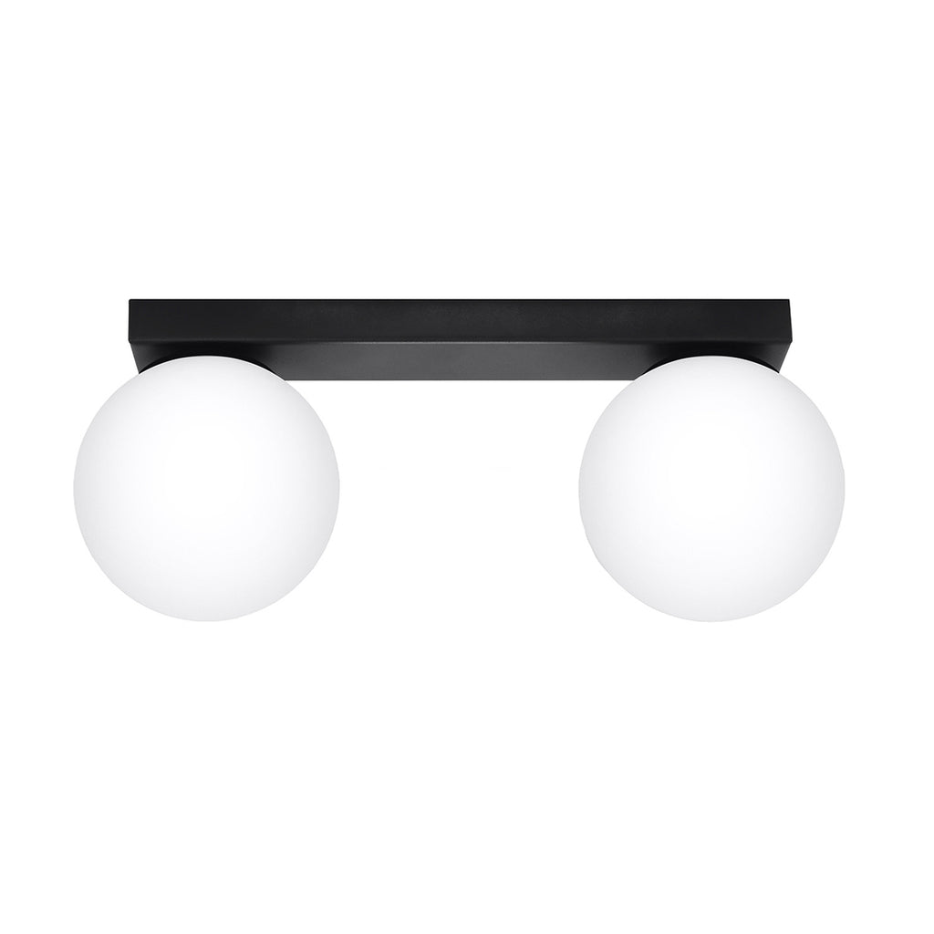 Plafonnier Yoli 2 boules opale acier noir G9, 2 boules de verre opale blanc sous une barre d'acier noir