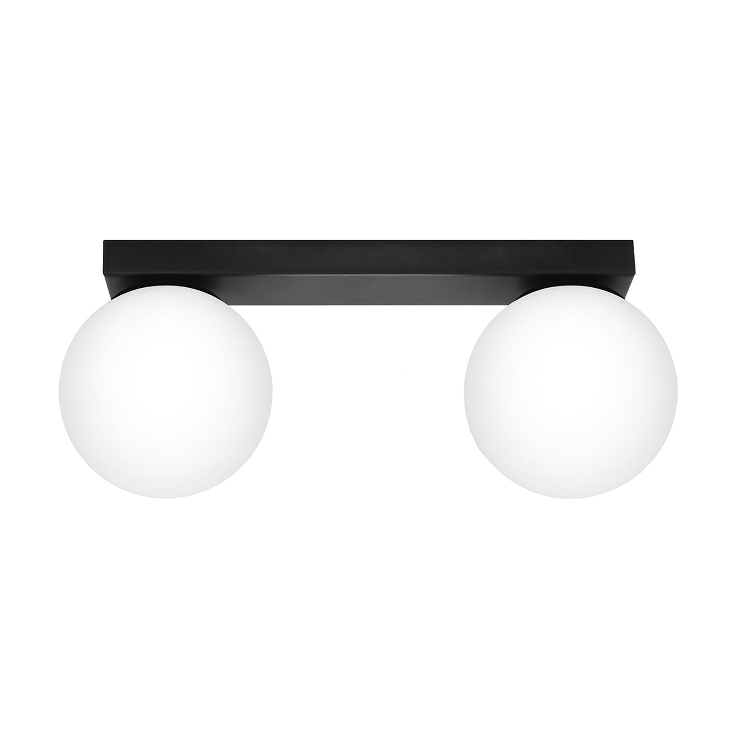 Plafonnier Yoli 2 boules opale acier noir G9, 2 boules de verre opale blanc sous une barre d'acier noir
