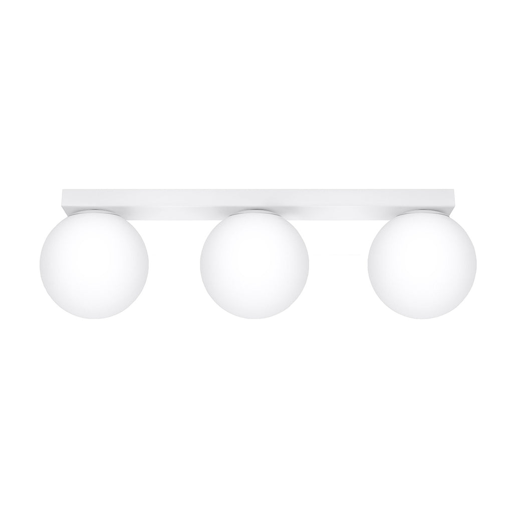 Plafonnier Yoli 3 boules opale acier blanc G9, 3 boules de verre opale blanc sous une barre d'acier blanc