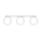 Plafonnier Yoli 3 boules opale acier blanc G9, 3 boules de verre opale blanc sous une barre d'acier blanc