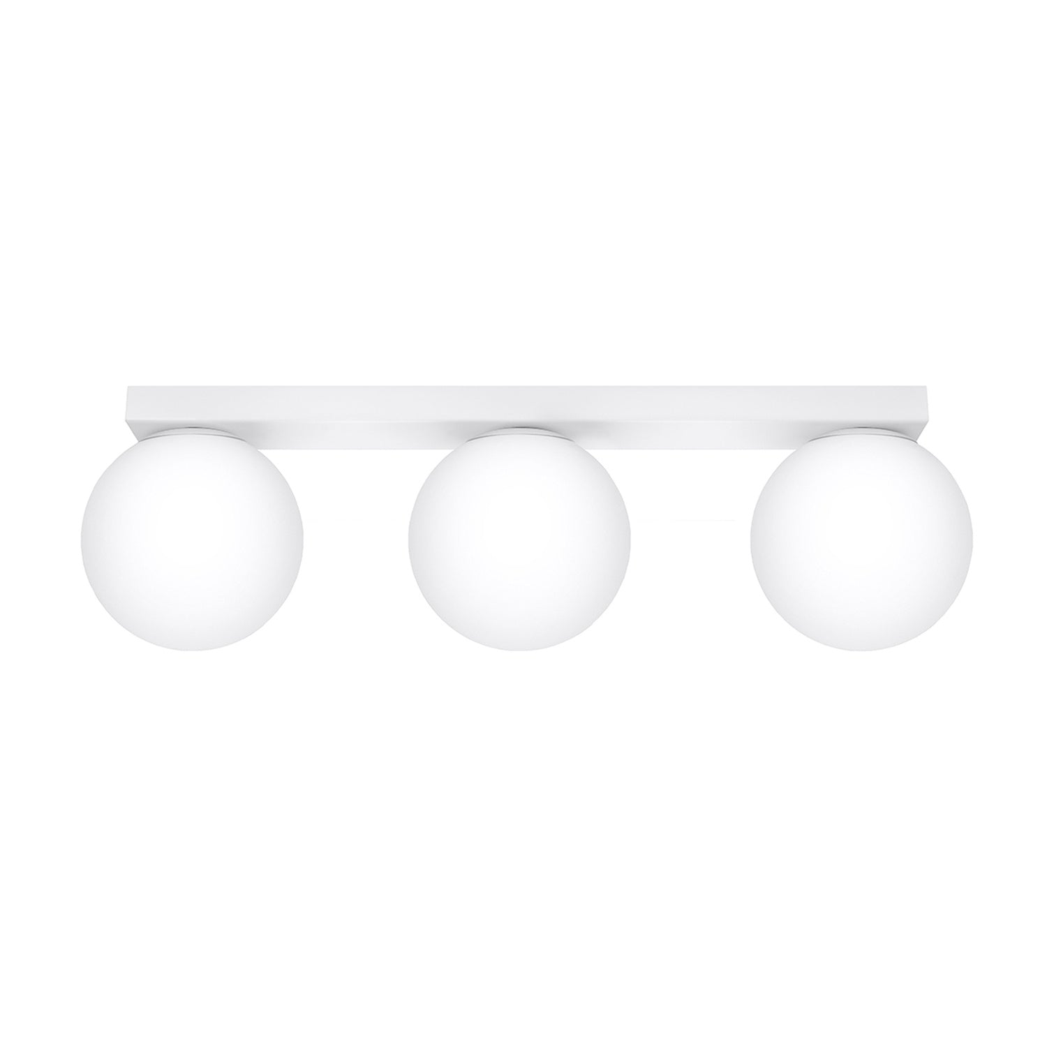 Plafonnier Yoli 3 boules opale acier blanc G9, 3 boules de verre opale blanc sous une barre d'acier blanc