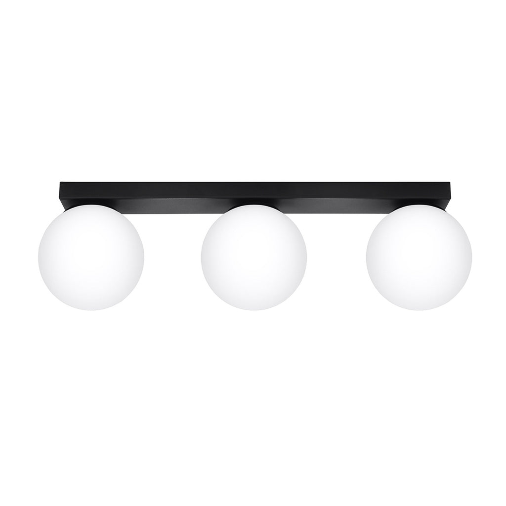 Plafonnier Yoli 3 boules opale acier noir G9, 3 boules de verre opale blanc sous une barre d'acier noir