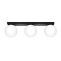 Plafonnier Yoli 3 boules opale acier noir G9, 3 boules de verre opale blanc sous une barre d'acier noir