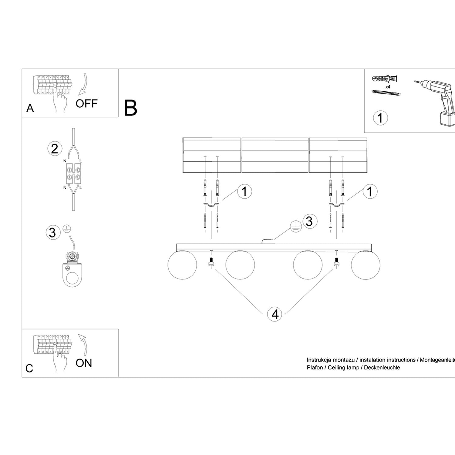 Notice de montage du Plafonnier Yoli 4 boules opale acier blanc G9