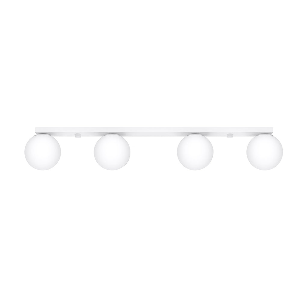 Plafonnier Yoli 4 boules opale acier blanc G9, 4 boules de verre opale blanc sous une barre d'acier blanc