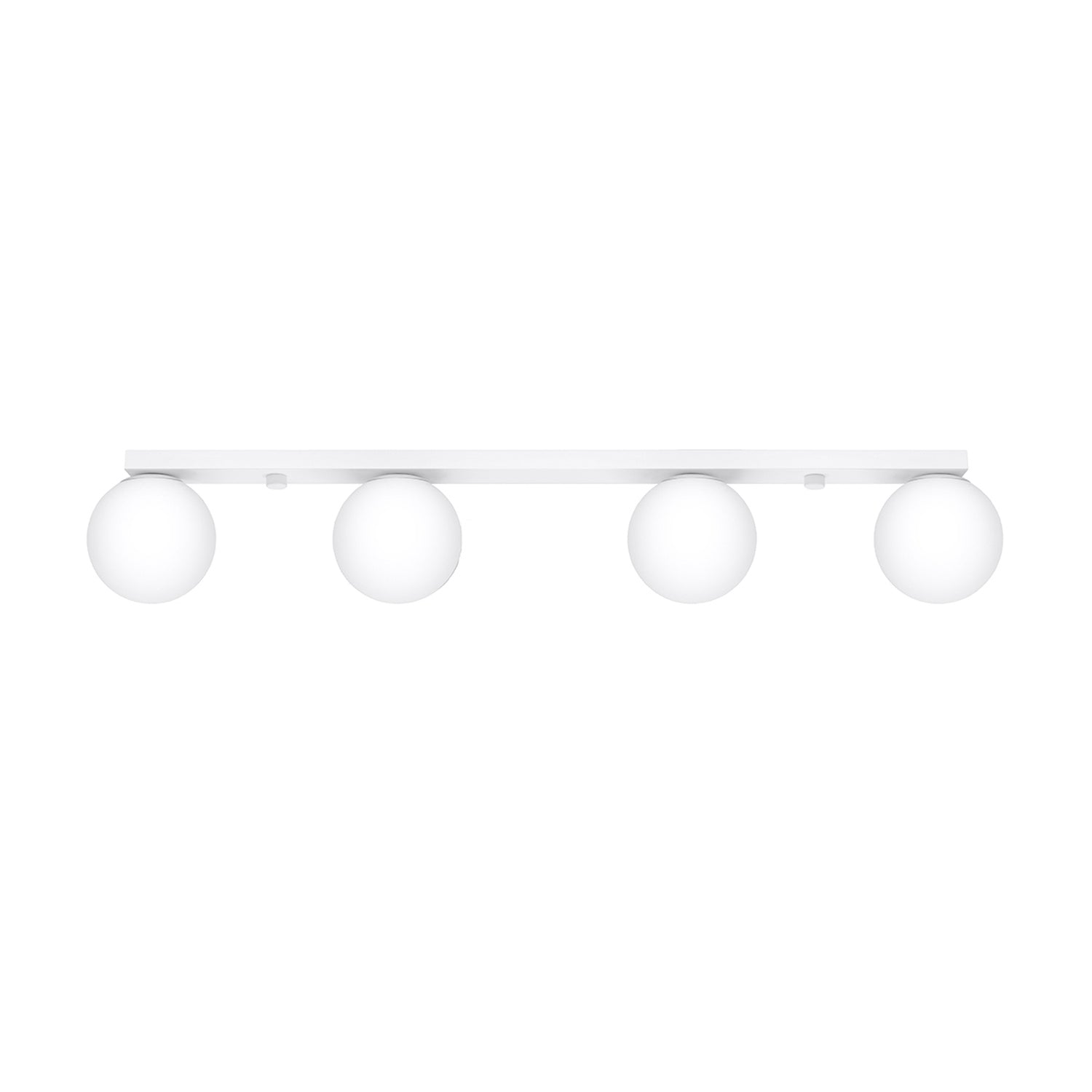Plafonnier Yoli 4 boules opale acier blanc G9, 4 boules de verre opale blanc sous une barre d'acier blanc