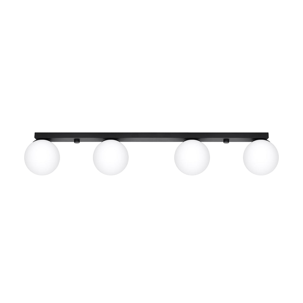 Plafonnier Yoli 4 boules opale acier noir G9, 4 boules de verre opale blanc sous une barre d'acier noir