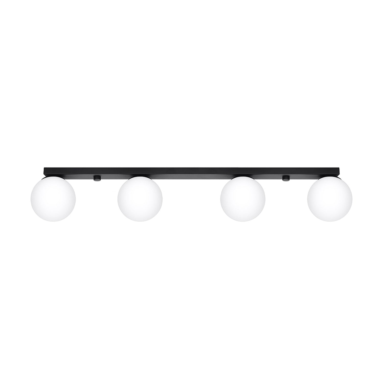 Plafonnier Yoli 4 boules opale acier noir G9, 4 boules de verre opale blanc sous une barre d'acier noir