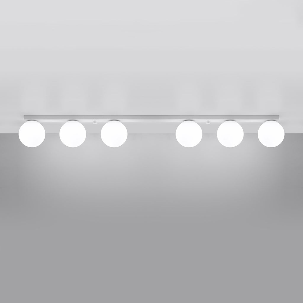 Plafonnier Yoli 6 boules opale acier blanc G9 allumé, halo opale diffus
