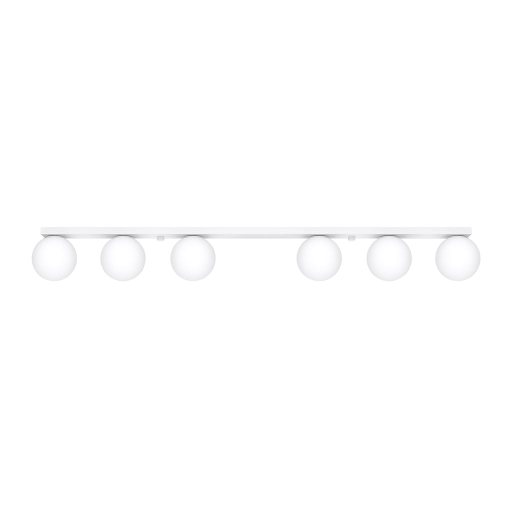 Plafonnier Yoli 6 boules opale acier blanc G9, 6 boules de verre opale blanc sous une barre d'acier blanc