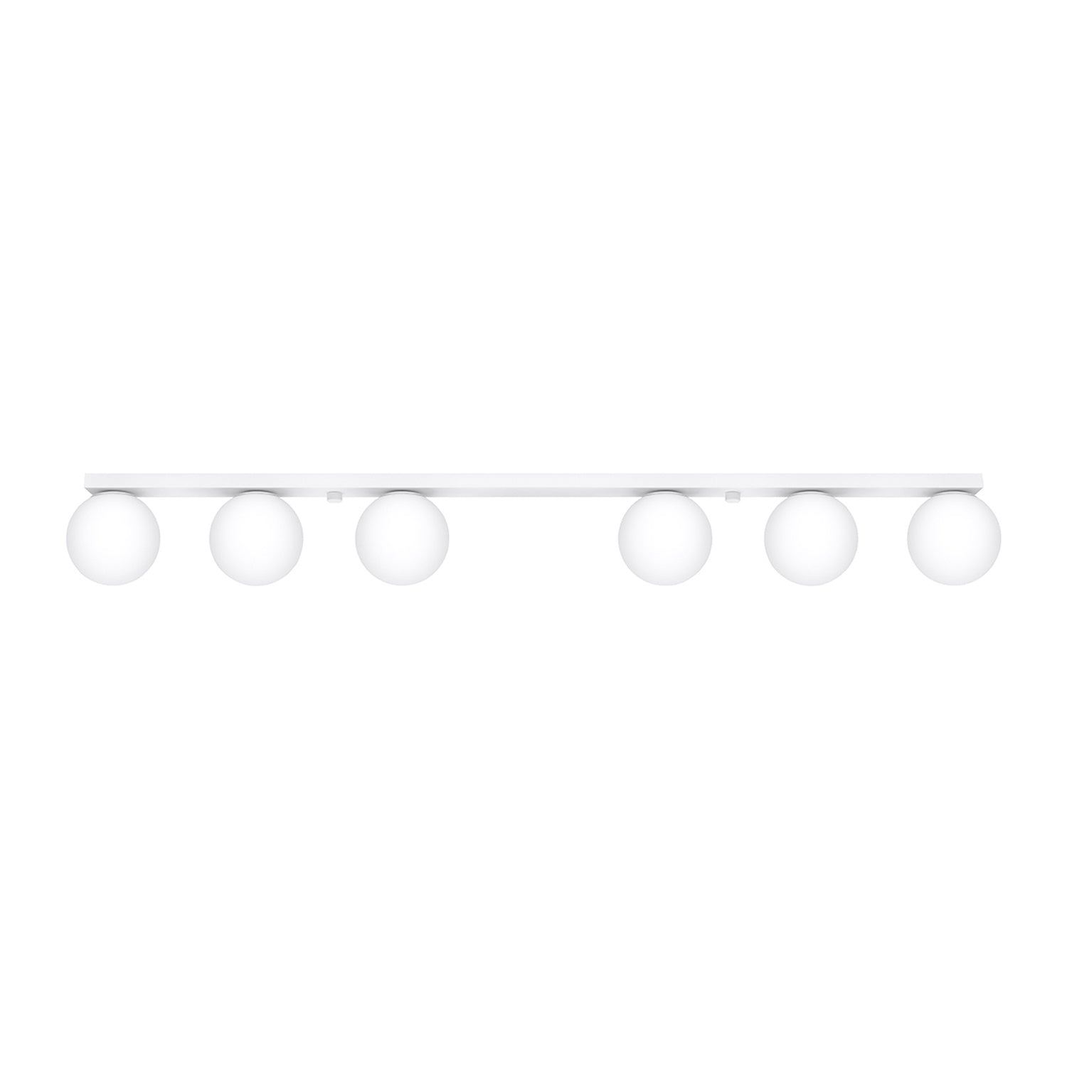 Plafonnier Yoli 6 boules opale acier blanc G9, 6 boules de verre opale blanc sous une barre d'acier blanc