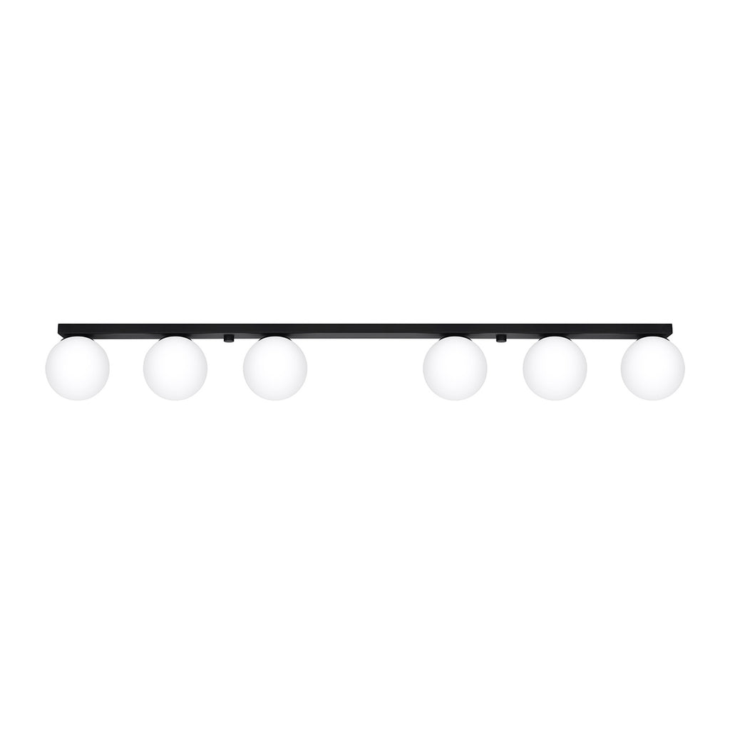 Plafonnier Yoli 6 boules opale acier noir G9, 6 boules de verre opale blanc sous une barre d'acier noir