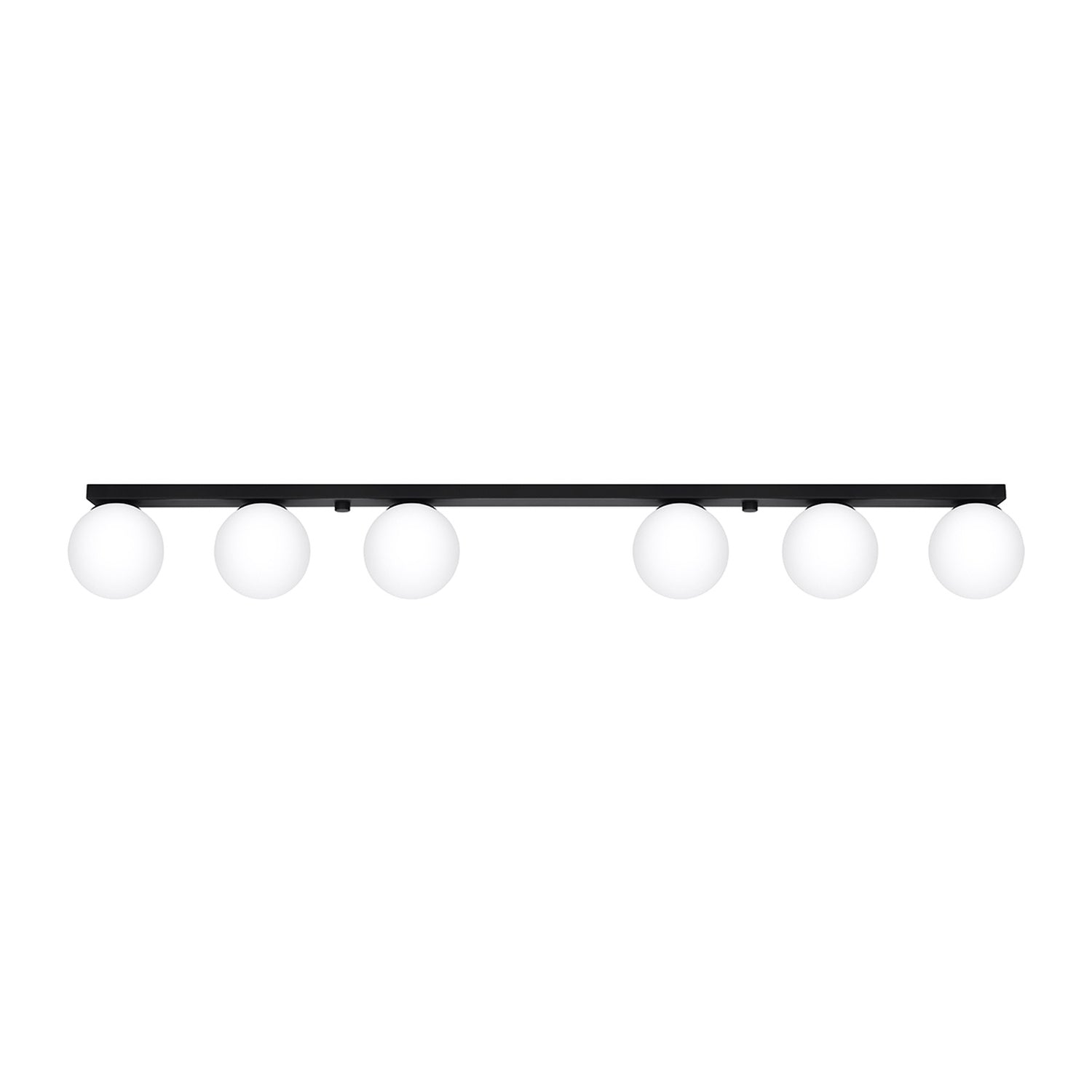Plafonnier Yoli 6 boules opale acier noir G9, 6 boules de verre opale blanc sous une barre d'acier noir