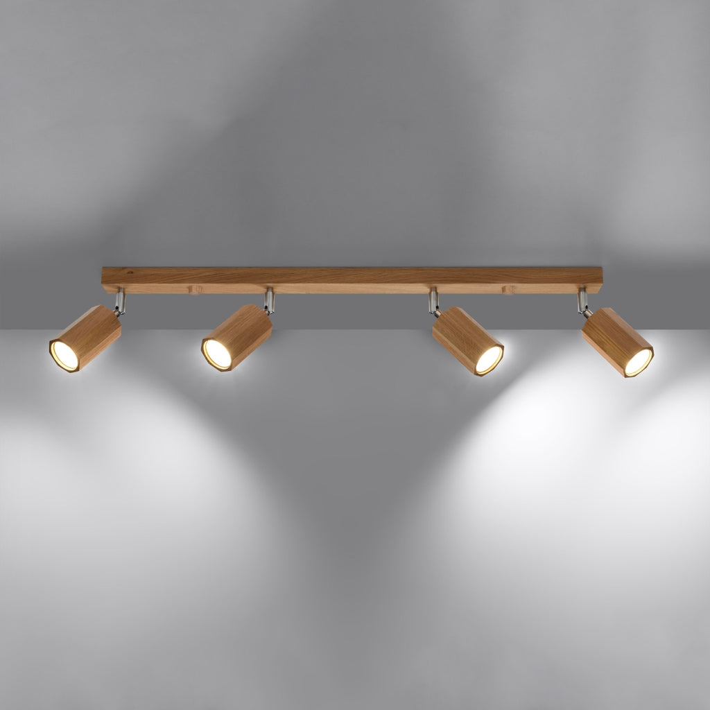 Plafonnier Zeke 4 chêne allumé, quatre faisceaux orientables
