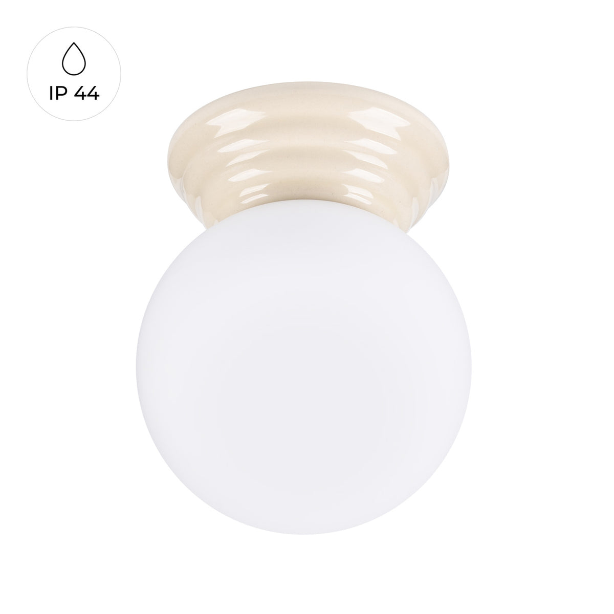 Plafonnier Zori en céramique émaillée beige vu de face avec le repère IP 44