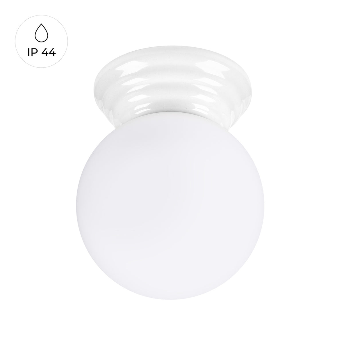 Plafonnier Zori en céramique émaillée blanche vu de face avec le repère IP 44