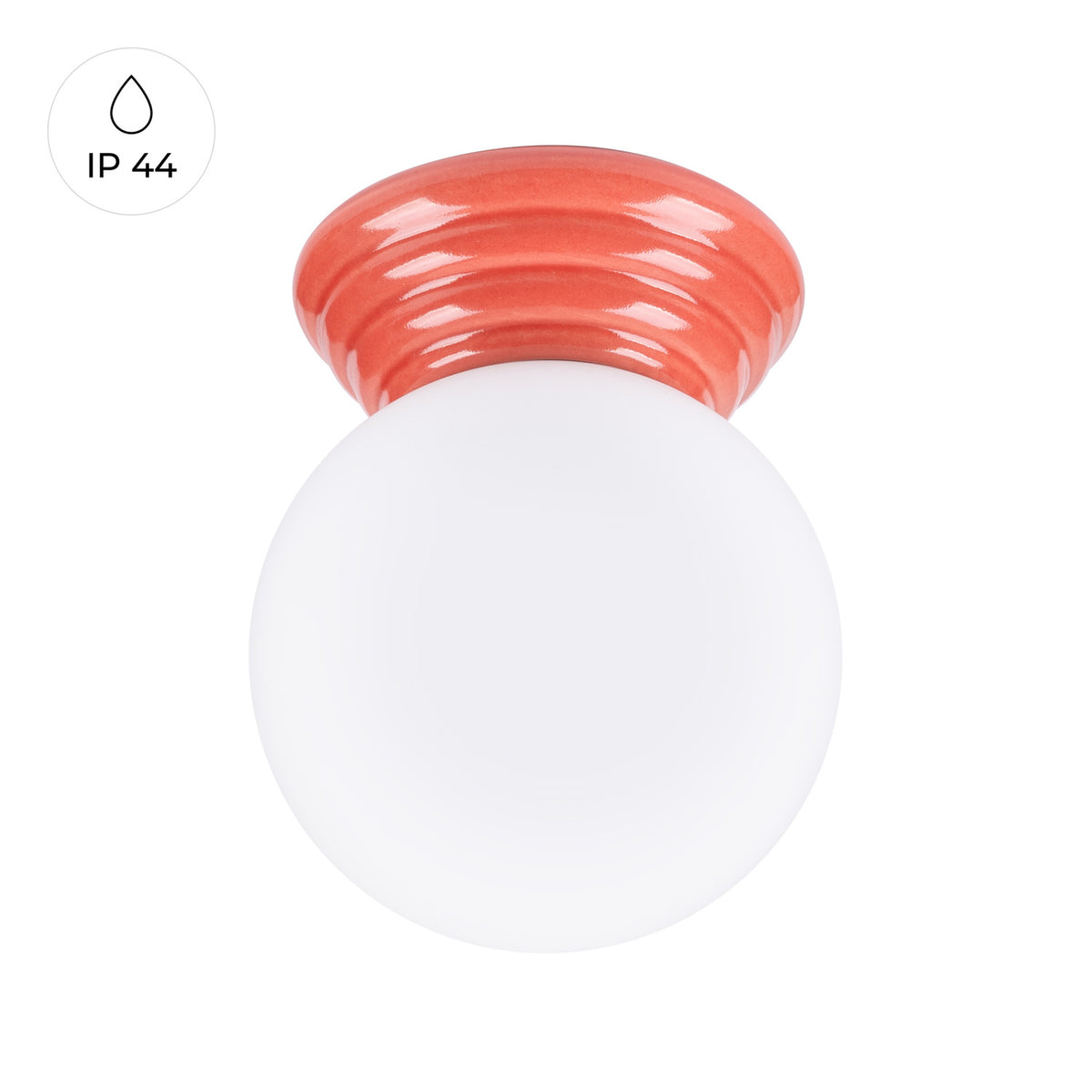 Plafonnier Zori en céramique émaillée corail vu de face avec le repère IP 44