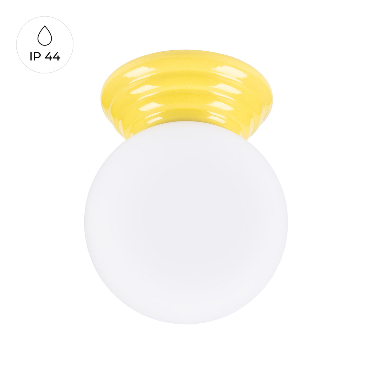 Plafonnier Zori en céramique émaillée jaune vu de face avec le repère IP 44