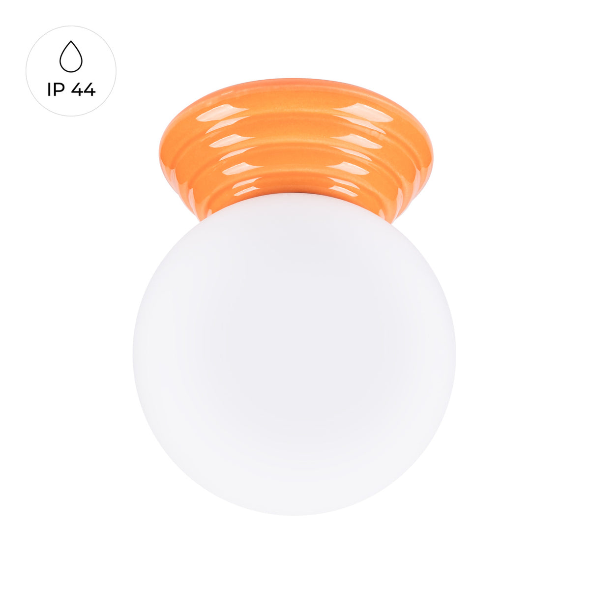 Plafonnier Zori en céramique émaillée orange vu de face avec le repère IP 44