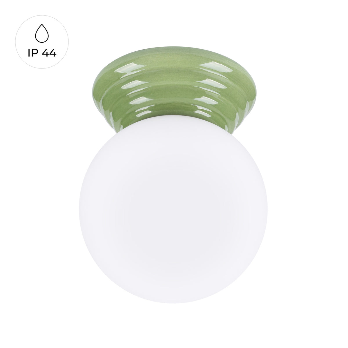 Plafonnier Zori en céramique émaillée vert olive vu de face avec le repère IP 44