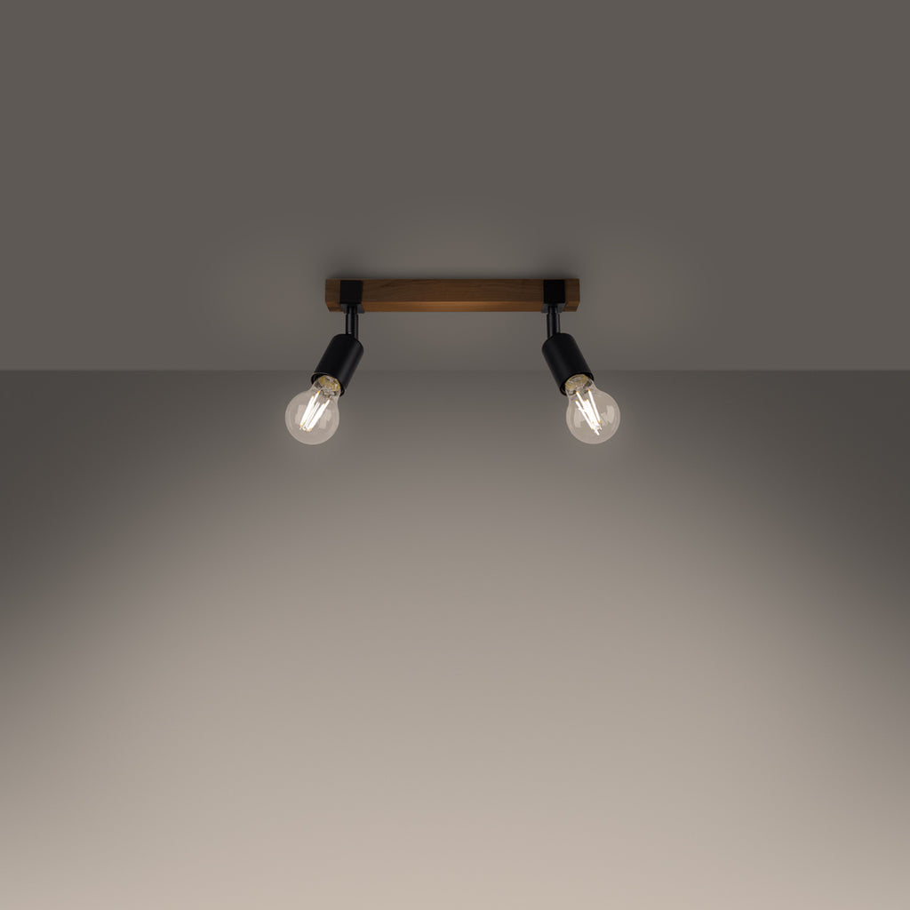 Plafonnier Zuca 2 bois et acier noir E27 allumé, ampoules E27 apparentes