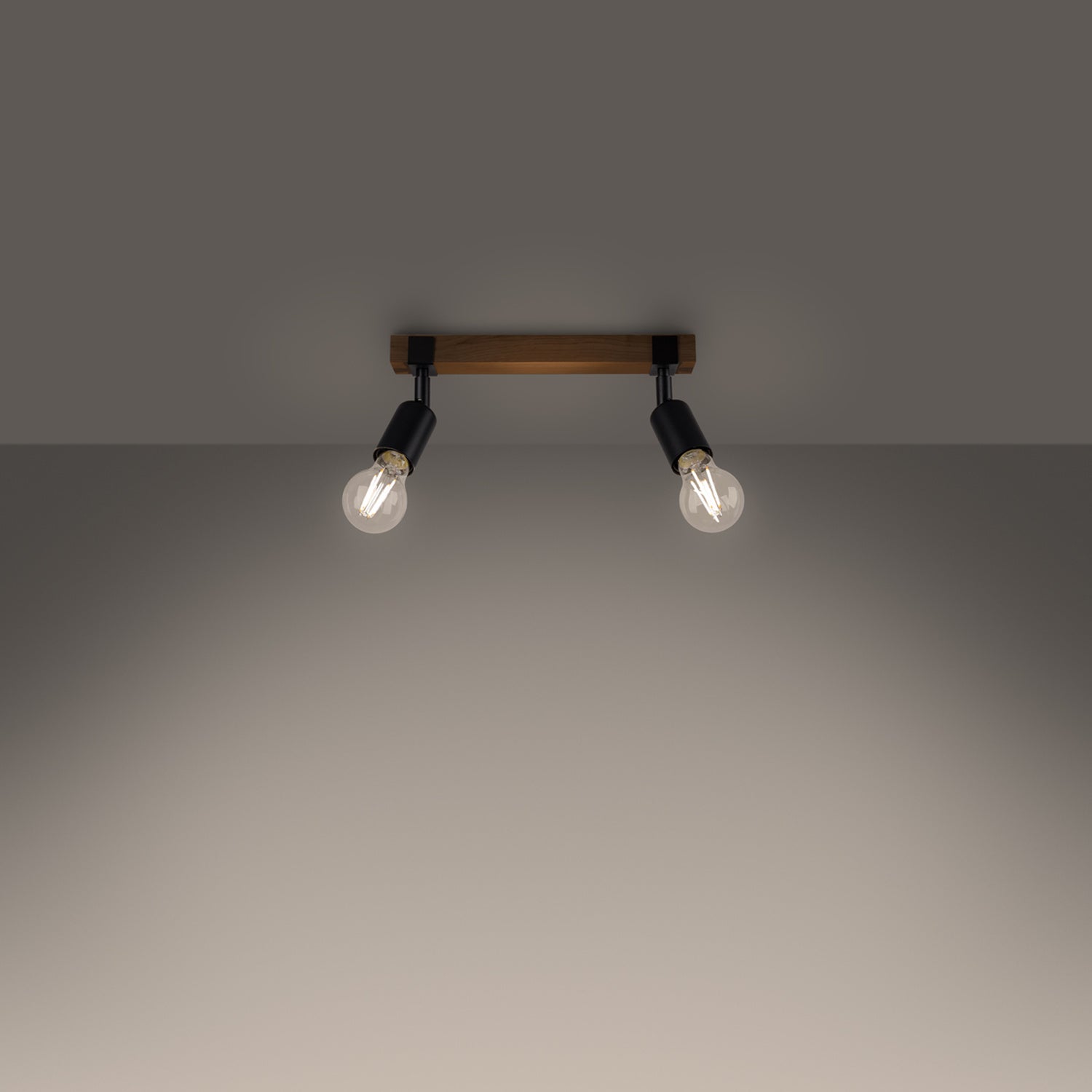 Plafonnier Zuca 2 bois et acier noir E27 allumé, ampoules E27 apparentes
