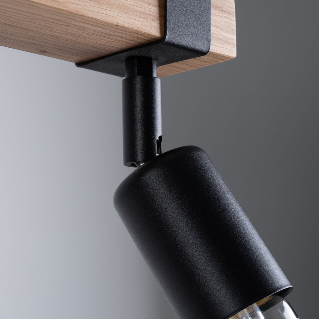 Plafonnier Zuca 2 bois et acier noir E27, détail d'une douille et de l'embase en bois