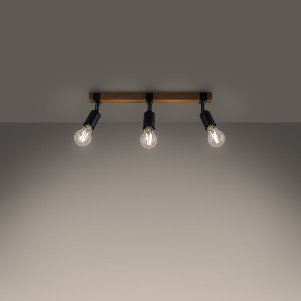 Plafonnier Zuca 3 bois et acier noir E27 allumé, ampoules E27 apparentes