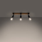 Plafonnier Zuca 3 bois et acier noir E27 allumé, ampoules E27 apparentes