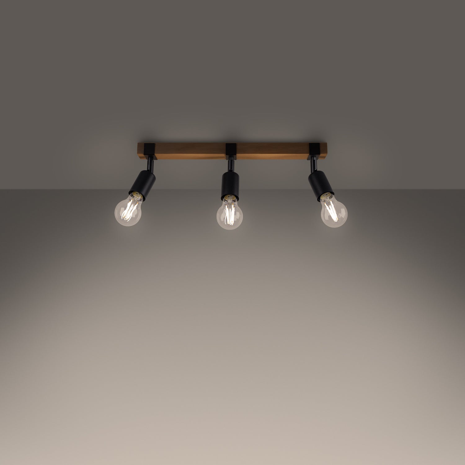 Plafonnier Zuca 3 bois et acier noir E27 allumé, ampoules E27 apparentes