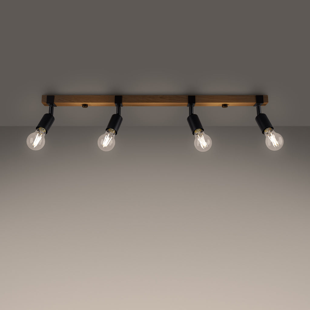 Plafonnier Zuca 4 bois et acier noir E27 allumé, ampoules E27 apparentes