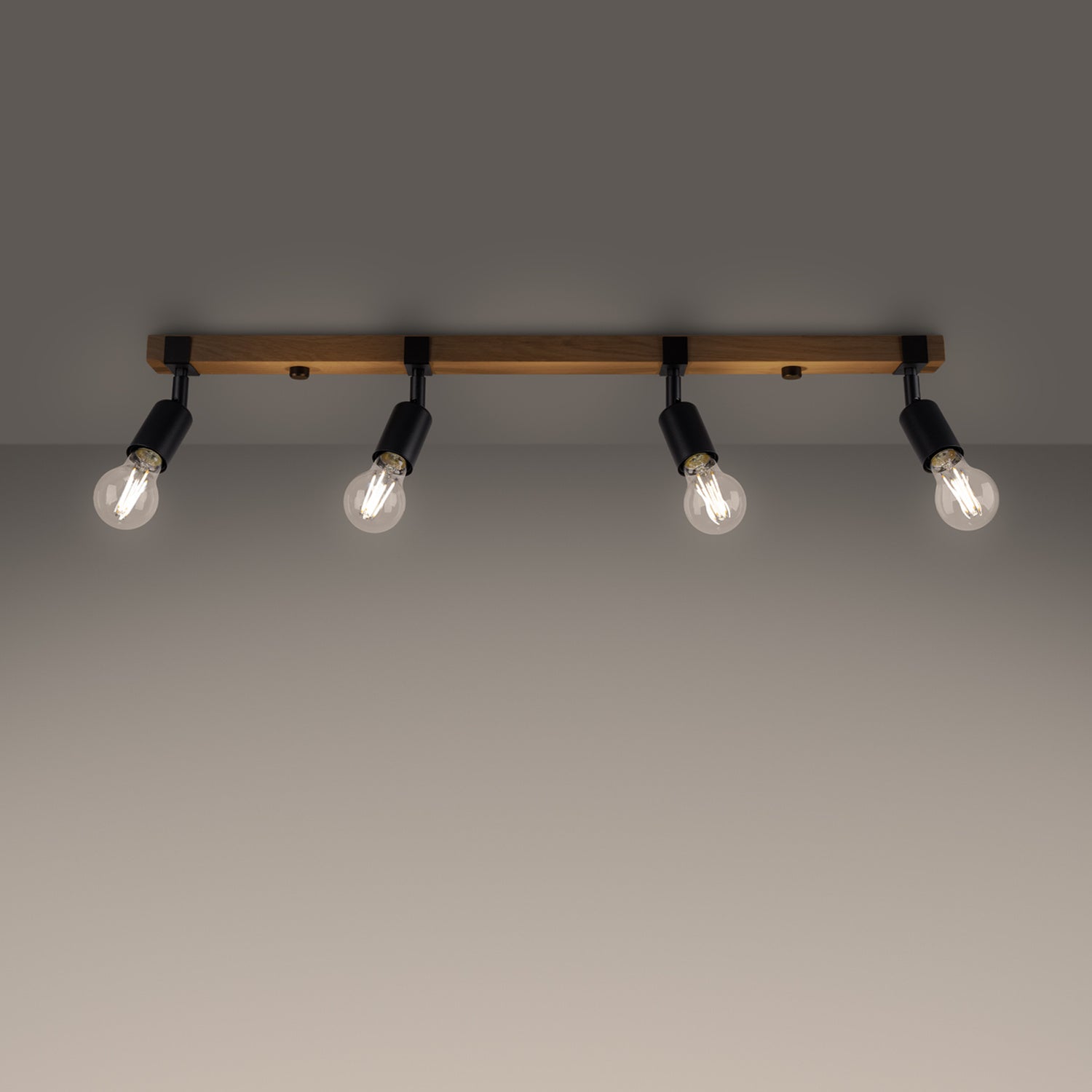 Plafonnier Zuca 4 bois et acier noir E27 allumé, ampoules E27 apparentes