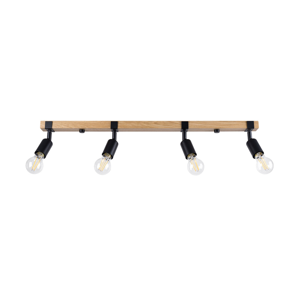 Plafonnier Zuca 4 bois et acier noir E27, quatre douilles en acier noir sur une poutre en bois naturel, ampoules E27 apparentes
