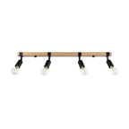 Plafonnier Zuca 4 bois et acier noir E27, quatre douilles en acier noir sur une poutre en bois naturel, ampoules E27 apparentes