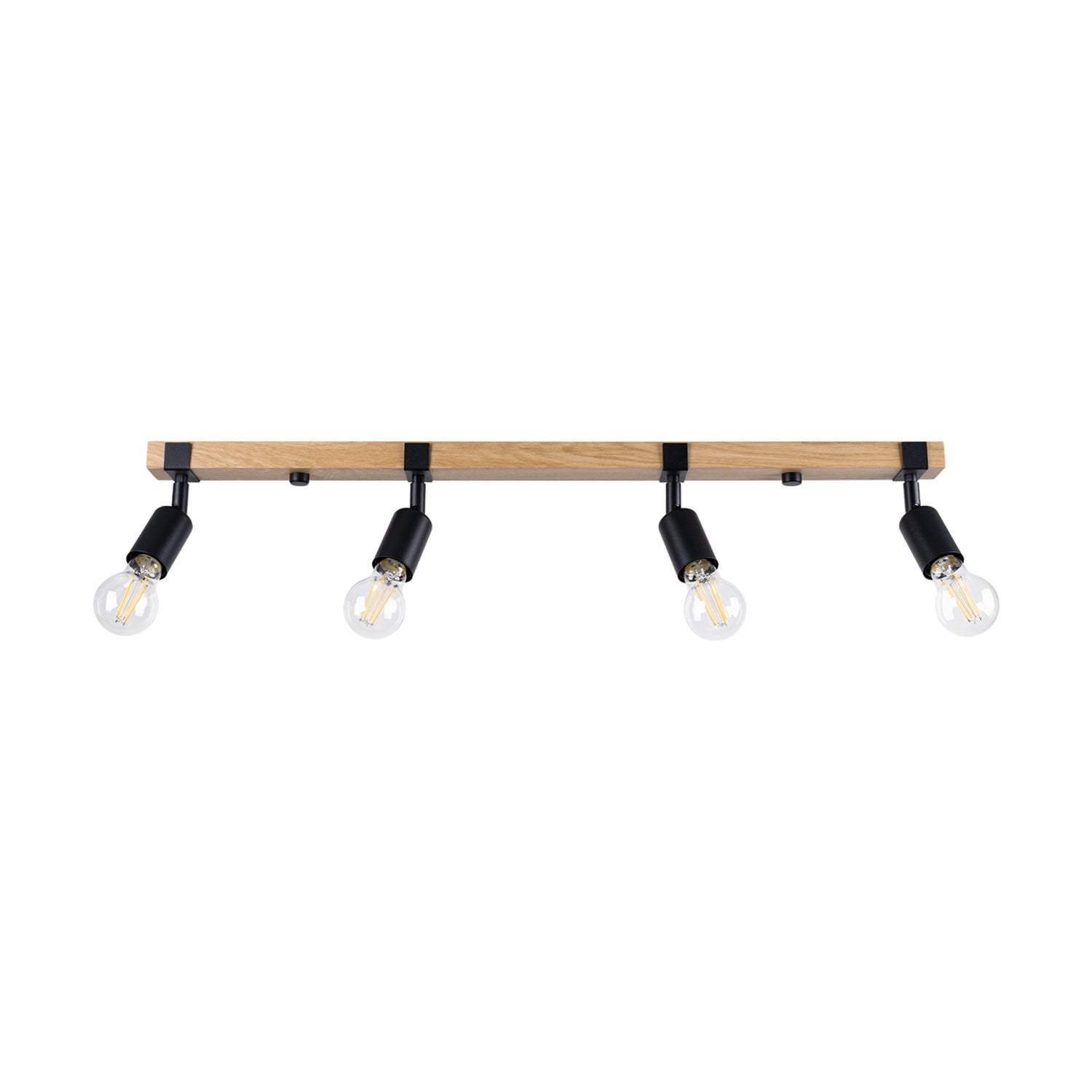 Plafonnier Zuca 4 bois et acier noir E27, quatre douilles en acier noir sur une poutre en bois naturel, ampoules E27 apparentes