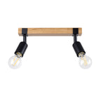 Plafonnier Zuca 2 spots poutre en bois naturel et douilles orientables en acier noir avec ampoules à filament