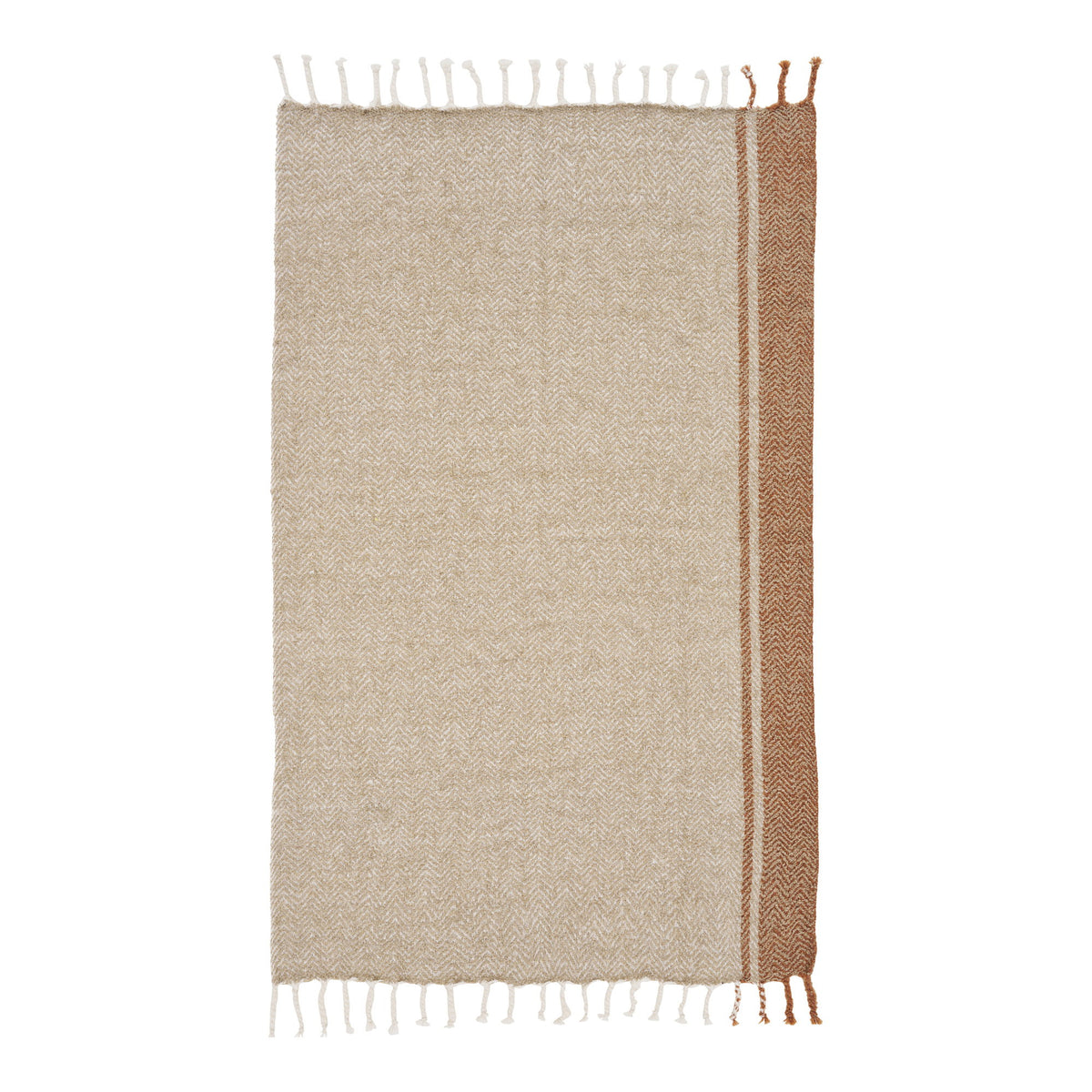 Plaid Almora déplié à plat beige à chevrons bordé d'une bande orange doré avec franges sur les petits côtés