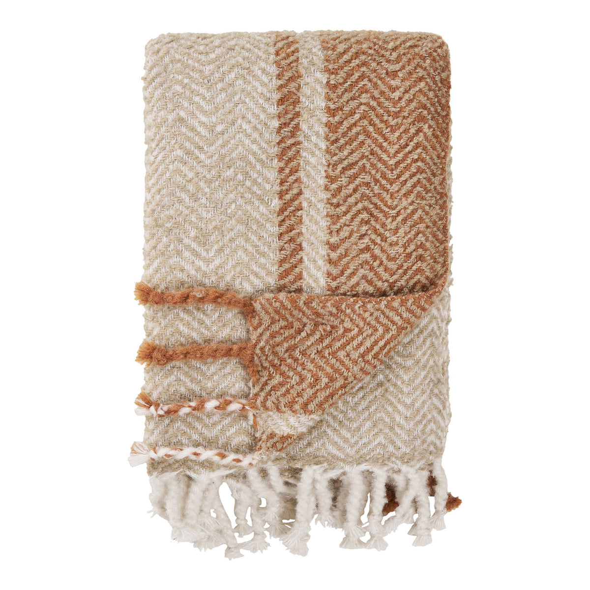 Plaid Almora plié tissé à chevrons beige avec sa bande orange doré et ses franges nouées
