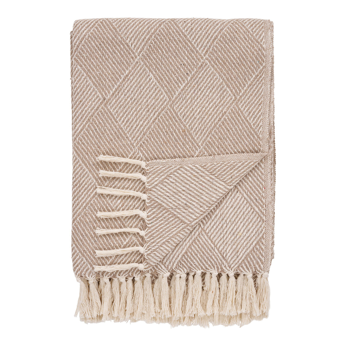 Plaid Bursa coton recyclé taupe plié motif de chevrons en blocs et franges nouées écru