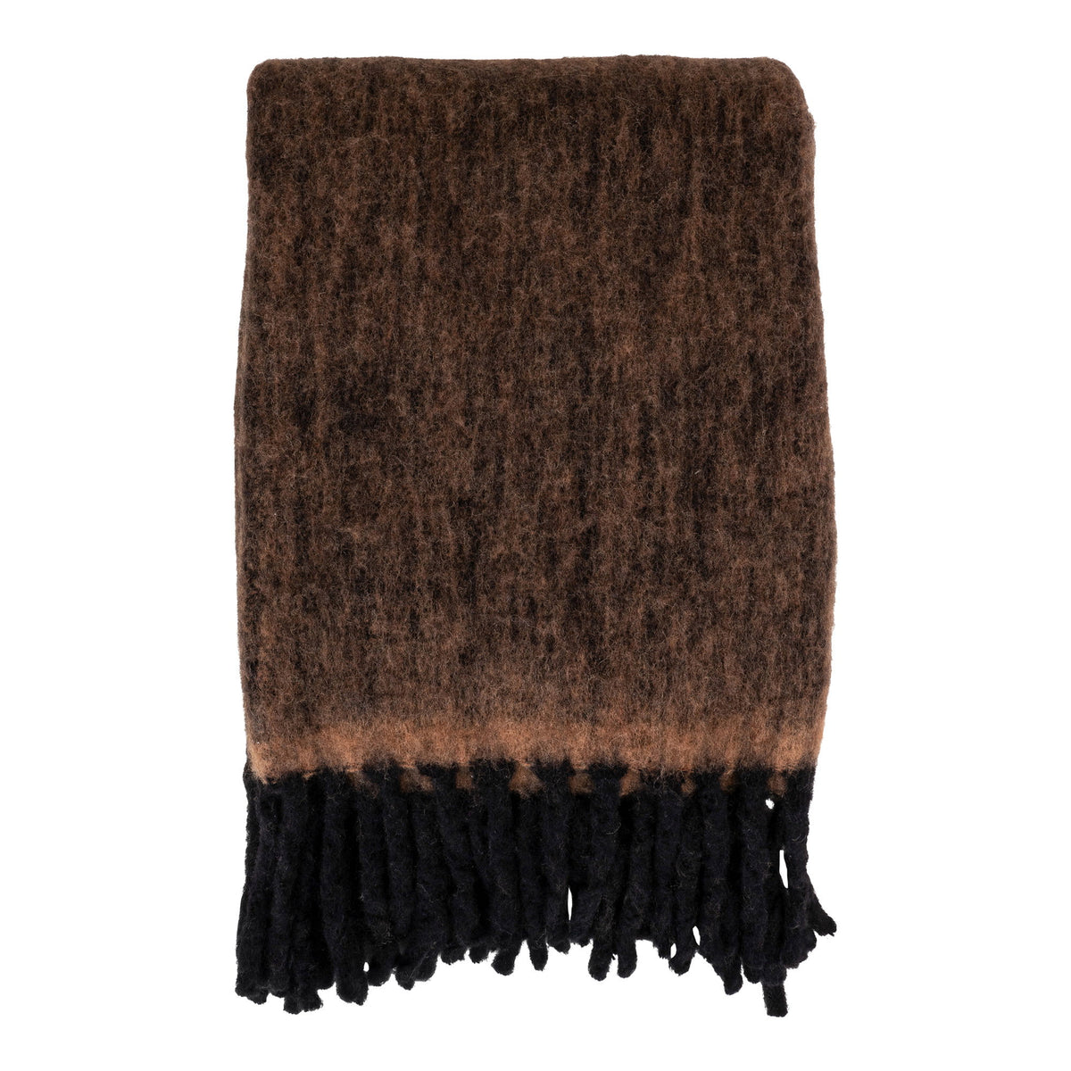 Plaid Carmel Laine brun tabac plié avec sa surface chinée et ses franges noires