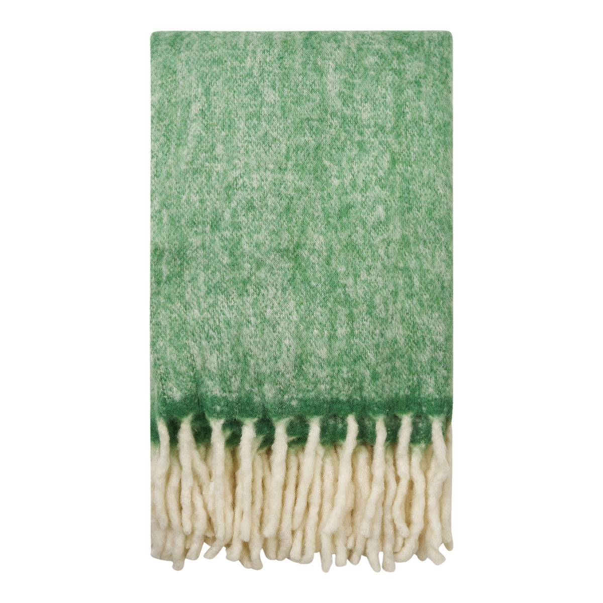 Plaid Carmel Laine vert prairie plié avec sa surface chinée et ses franges écrues