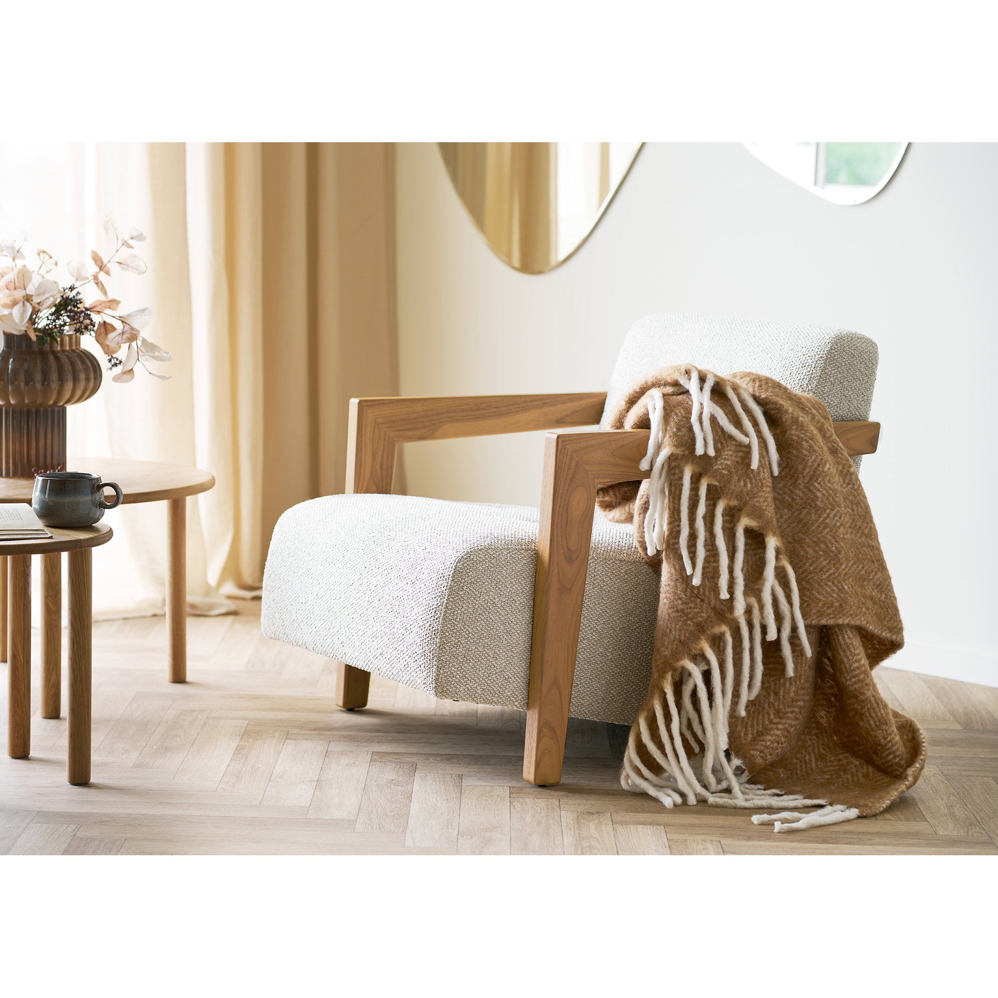 Plaid Carmel laine 52% chevron tan caramel ivoire franges torsadées 130x170 cm plié
