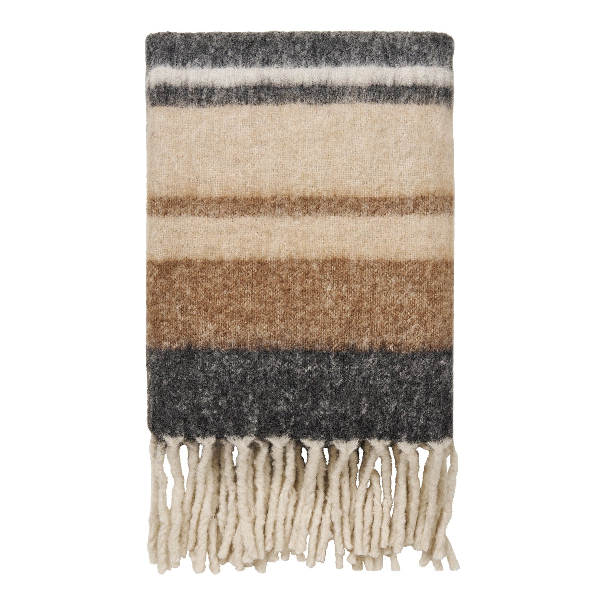 Plaid Carmel laine 52% rayé multicolore gris brun beige ivoire franges torsadées plié