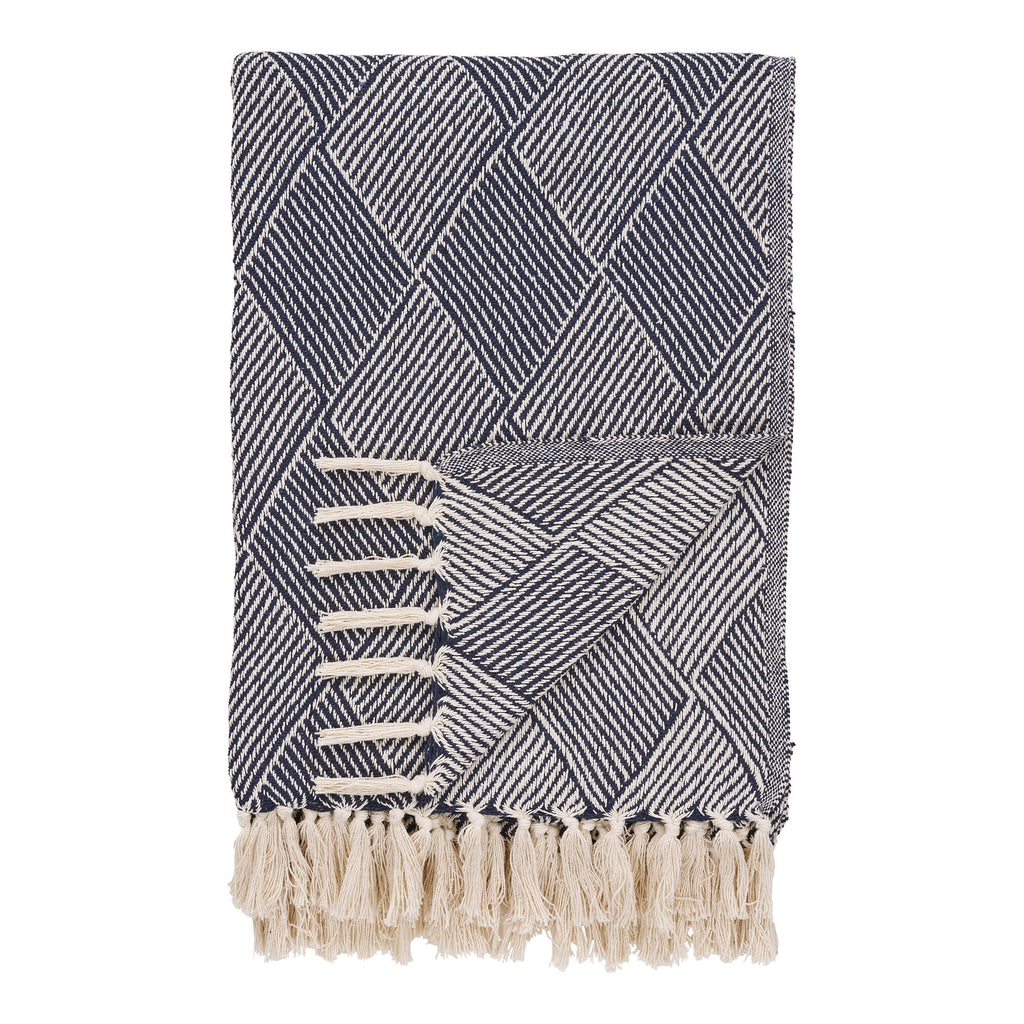 Plaid Izmir coton recyclé bleu marine motif chevrons jacquard franges écru 130x180 cm