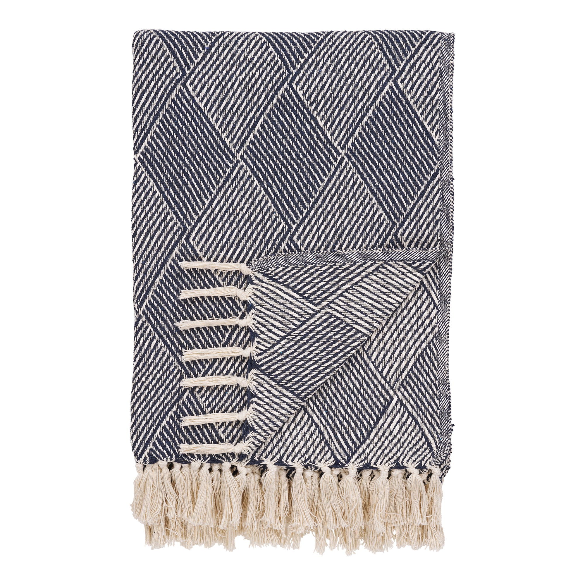 Plaid Izmir coton recyclé bleu marine motif chevrons jacquard franges écru 130x180 cm