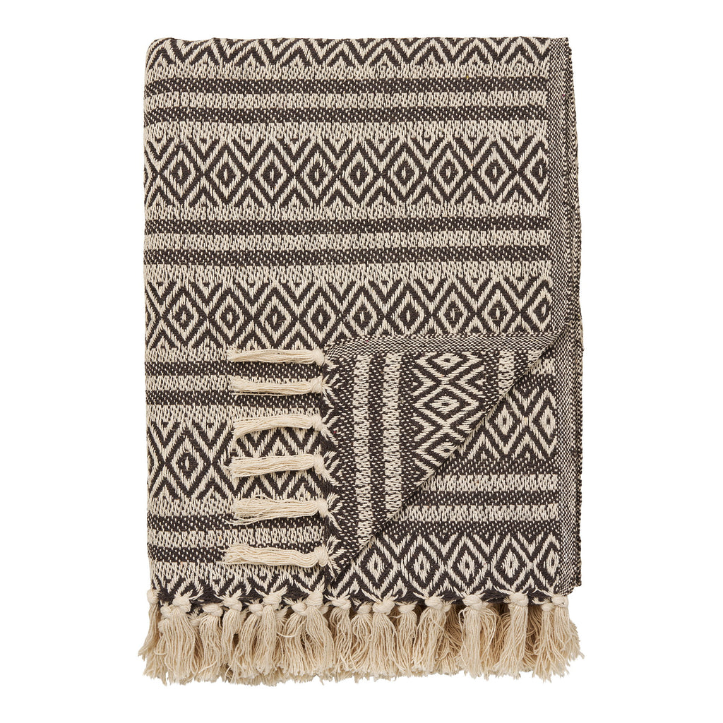 Plaid Adana coton recyclé brun motif aztèque géométrique franges écru 130x180 cm